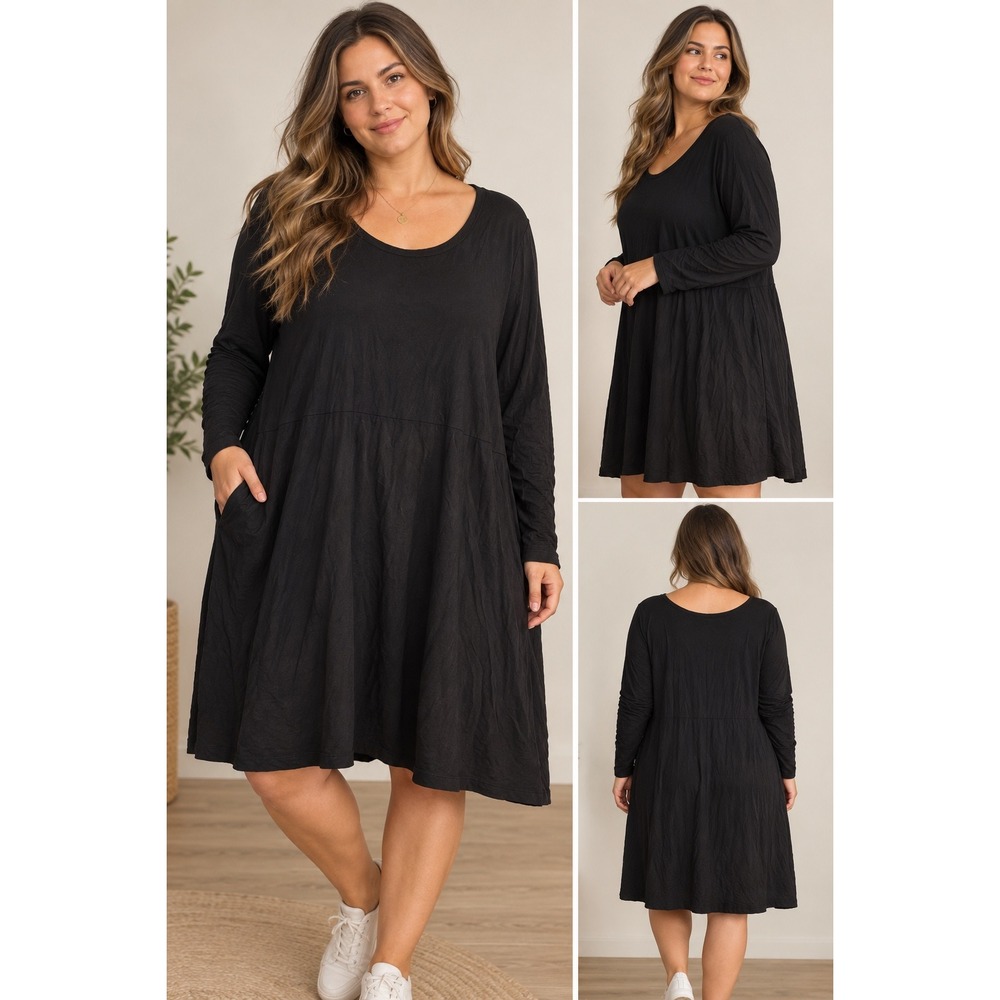 Terra & Sky Black V-Neck Long Sleeve Pocket T-Shirt Dress 2X 20W-22W